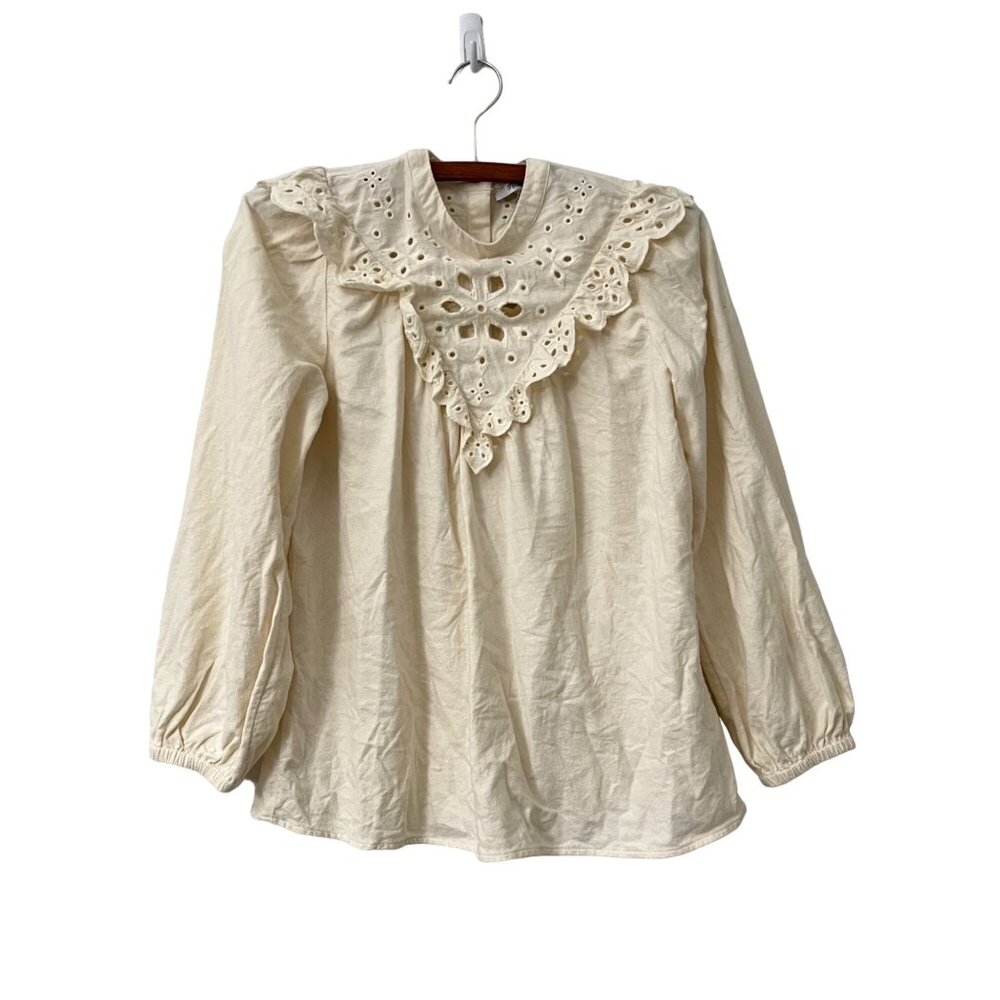 Madewell Womens Cream Eyelet Lace Ruffle V Front Long Sleeve Top Size XXSmall
